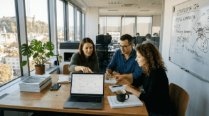 Ekipa za spletno prodajo razpravlja o najnovejših trendih v digitalnem marketingu.