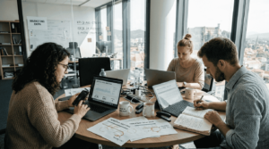 Ekipa v pisarni načrtuje novo kampanjo e-poštnega marketinga.