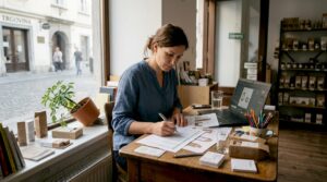 Lastnik malega podjetja si ogleduje embalažo z logotipom svojega podjetja in preverja, ali je vse tako, kot si je zamislil.