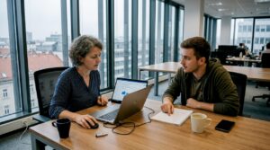 Ekipa za spletno prodajo usklajeno sodeluje v pisarni in skupaj išče najboljše rešitve za uspeh podjetja.