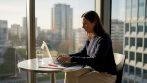 V pisarni mlada ženska načrtuje strategijo za prepoznavnost blagovne znamke.