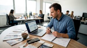 Tržnik sedi za pisalno mizo in pripravlja digitalno kampanjo.