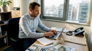 Nepremičninski agent za računalnikom pošilja e-pošto v svetli, sodobni pisarni.