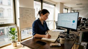 V središču živahne pisarne ženska natančno spremlja rast spletne strani ter analizira podatke, da bi izboljšala poslovne rezultate.