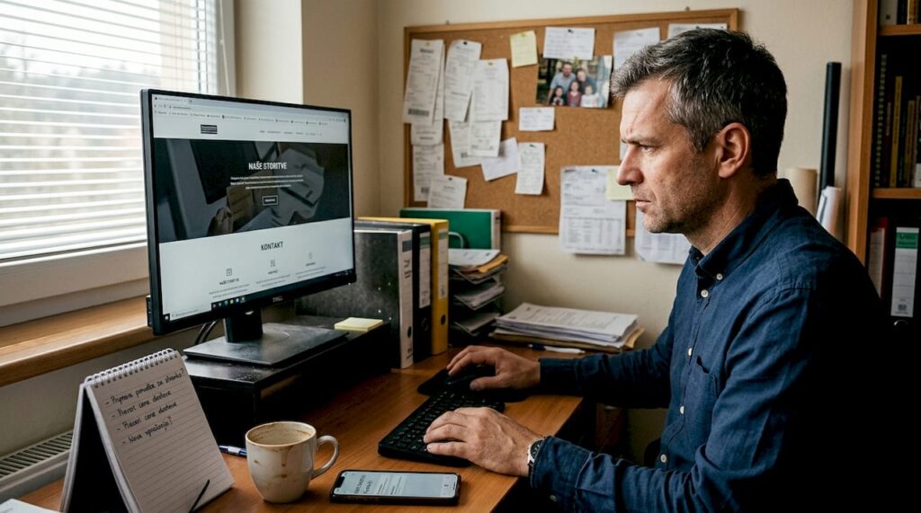 Lastnik podjetja doma pregleduje spletno stran svojega podjetja.