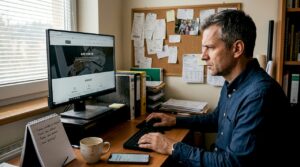 Lastnik podjetja doma pregleduje spletno stran svojega podjetja.