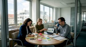 Ekipa za marketing se posvetuje ob majhni mizi in skupaj išče nove ideje.