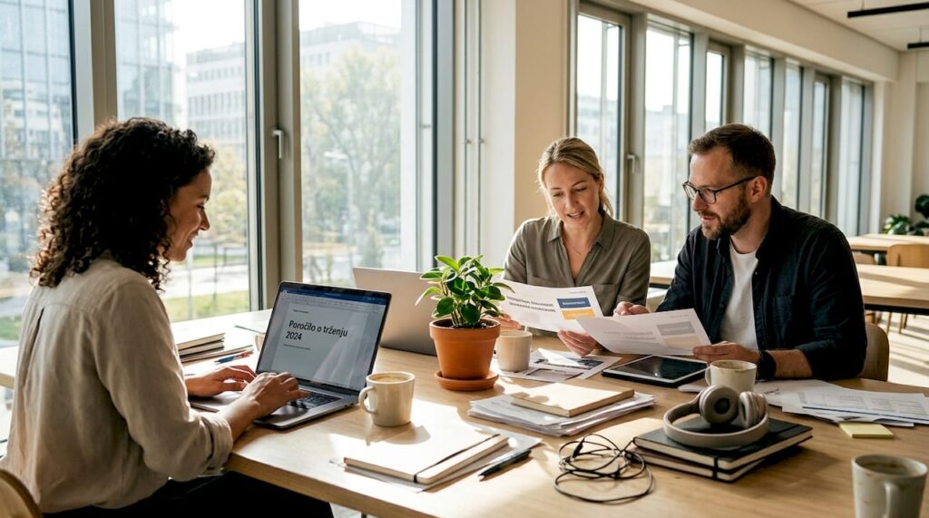 Ekipa razvija strategijo vsebin v skupnem delovnem prostoru.