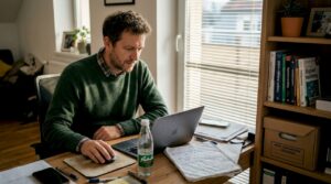 Moški v svoji domači pisarni ustvarja oglas.