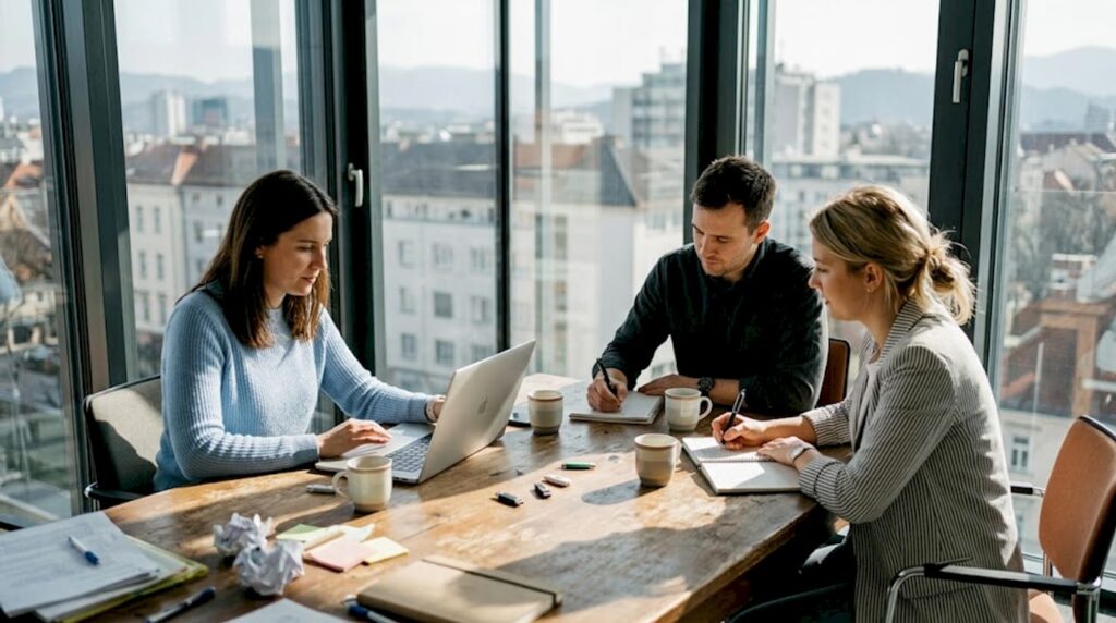 Ekipa v pisarni skupaj išče najboljšo strategijo za prihodnje korake.