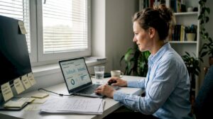 Podjetnica v domači pisarni pregleduje statistiko elektronske pošte.