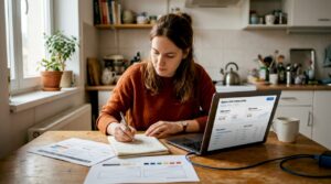 Podjetnik sedi za kuhinjsko mizo in ustvarja na svojem prenosniku.