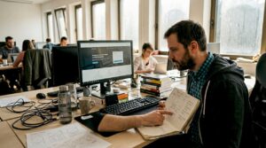 Spletni razvijalec pri delu za skupno pisalno mizo v odprtem uredu.