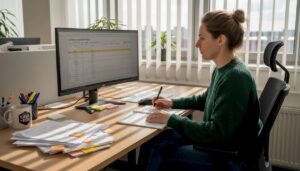 V pisarni se ženska posveča načrtovanju SEO strategije.