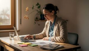 Nepremičninski agent za računalnikom osvežuje ponudbo nepremičnin.