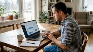 Lastnik spletne trgovine si na prenosniku podrobno ogleduje prodajne rezultate in analizira, kateri izdelki se najbolje prodajajo.