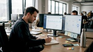 Ustanovitelj SaaS podjetja za pisalno mizo analizira rezultate marketinških kampanj.