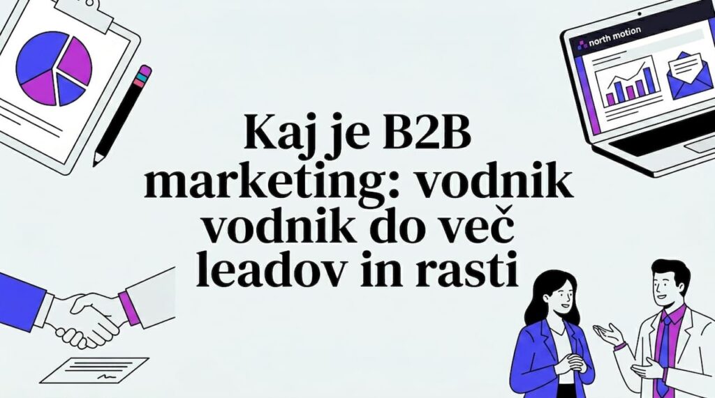 Naslovna grafika, kjer osrednji prostor obkrožajo ikone, povezane s poslovanjem med podjetji (B2B).