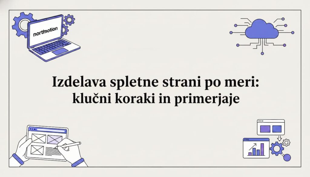 Naslovna kartica v sodobnem, ravnem vektorskem slogu, kjer spletni oblikovalski elementi elegantno obkrožajo osrednji del.
