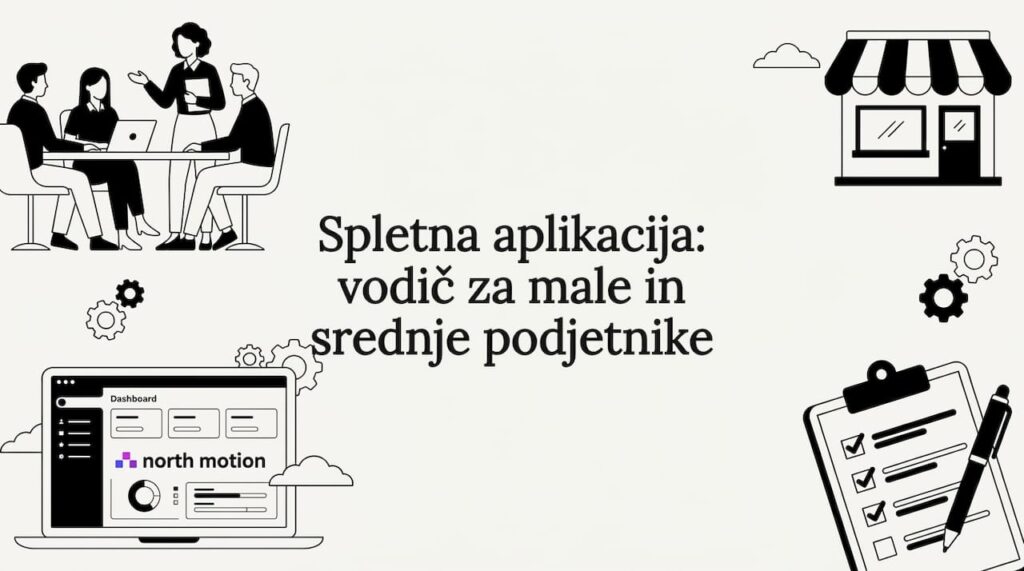 Uvodna grafika z motivi za mala podjetja in ikonami spletnih aplikacij