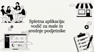 Uvodna grafika z motivi za mala podjetja in ikonami spletnih aplikacij