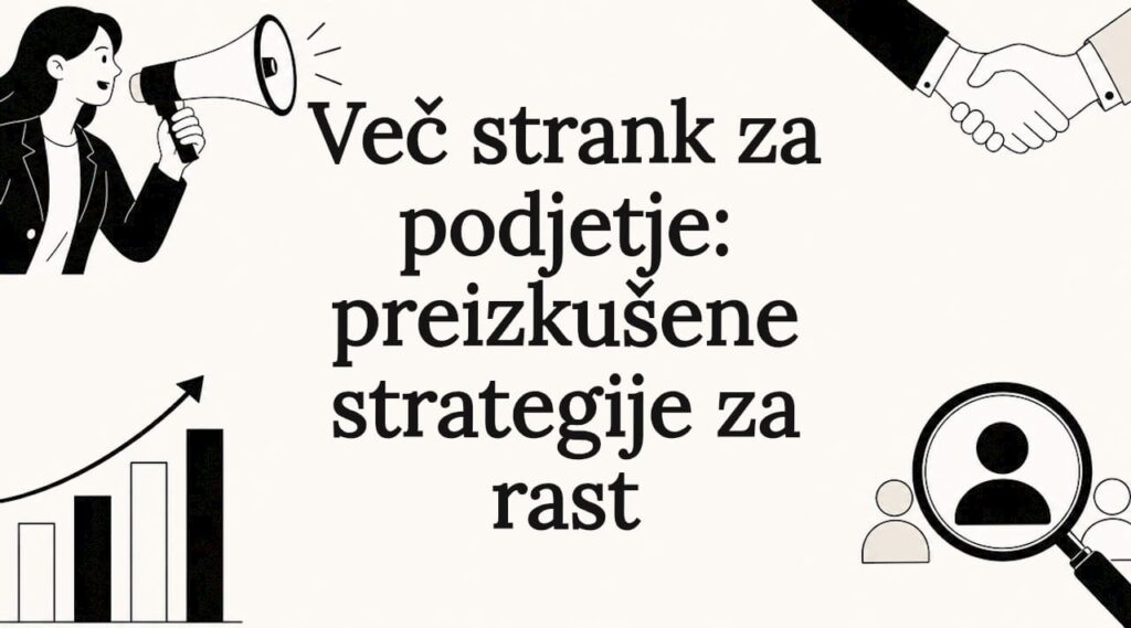 Ilustrirana naslovna grafika s simboli za rast in razvoj podjetja